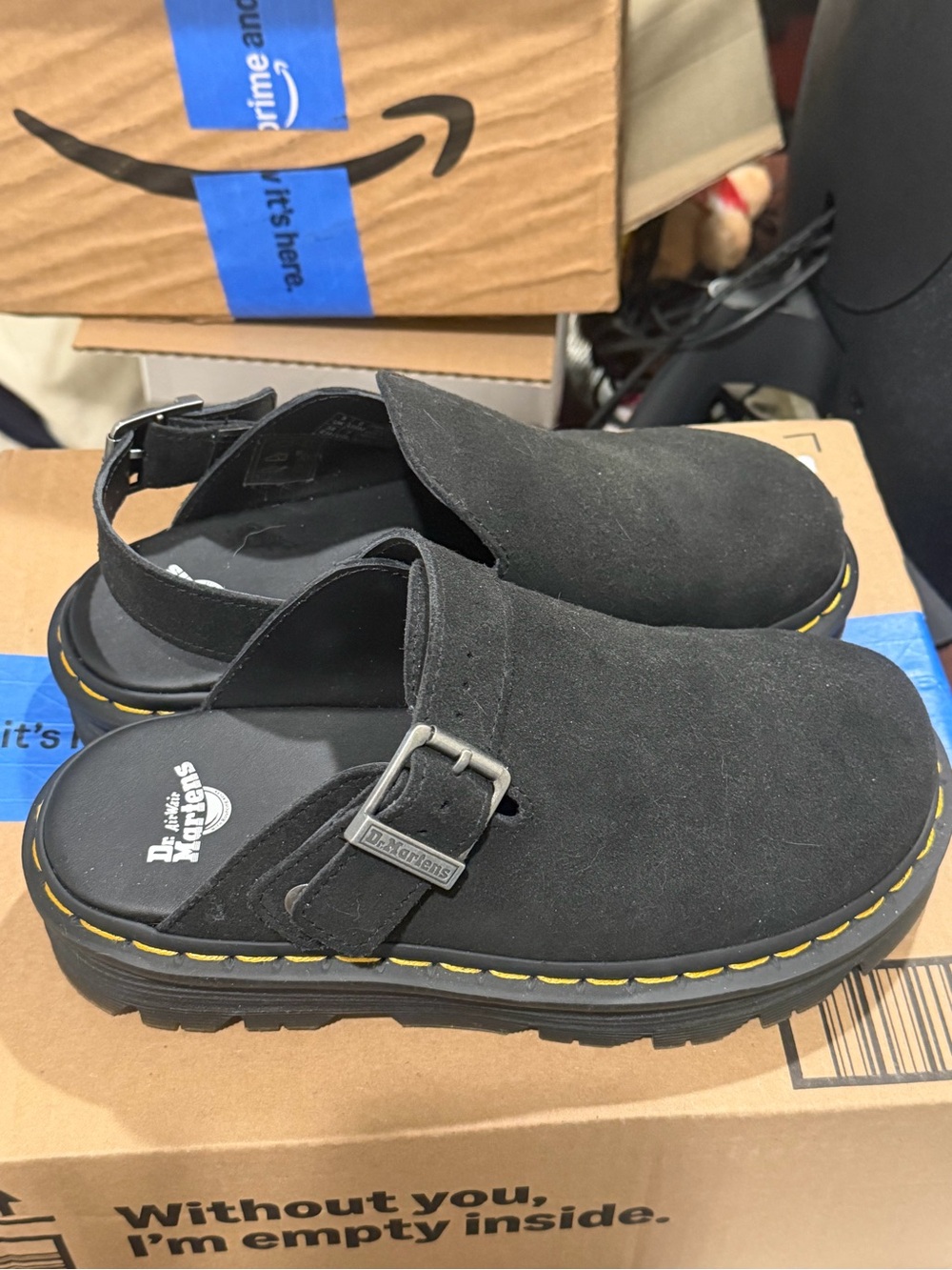 Dr. Martens Black Suede Slingback Clogs with Yellow Stitching